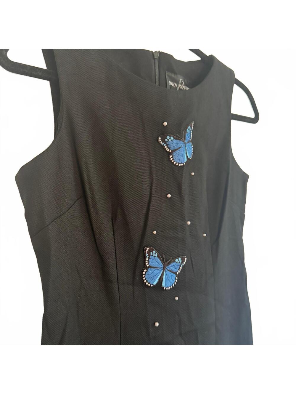 Y2k John Roberts Black Sheath Dress Blue Butterfly Autumn Wedding Guest Size 8 View 2